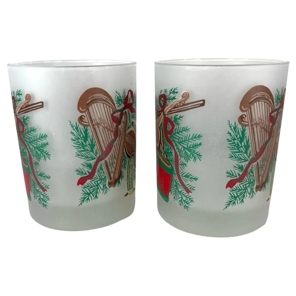2 Georges Briard Christmas Glasses Frosted Old Fashioned Violin Drum‎ Harp VTG